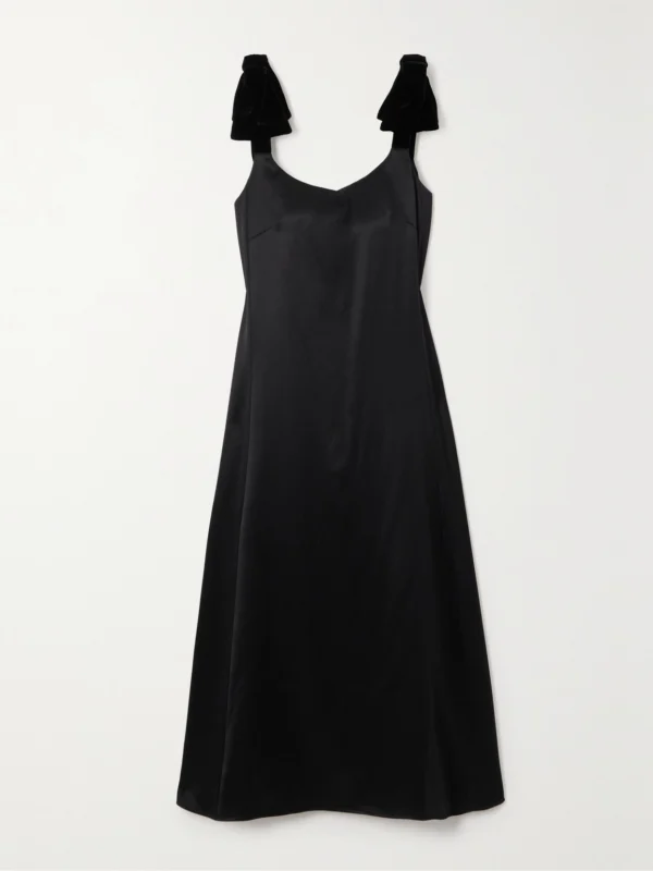 Chloé Bow-embellished Velvet-trimmed Wool and Silk-blend Satin Midi Dress