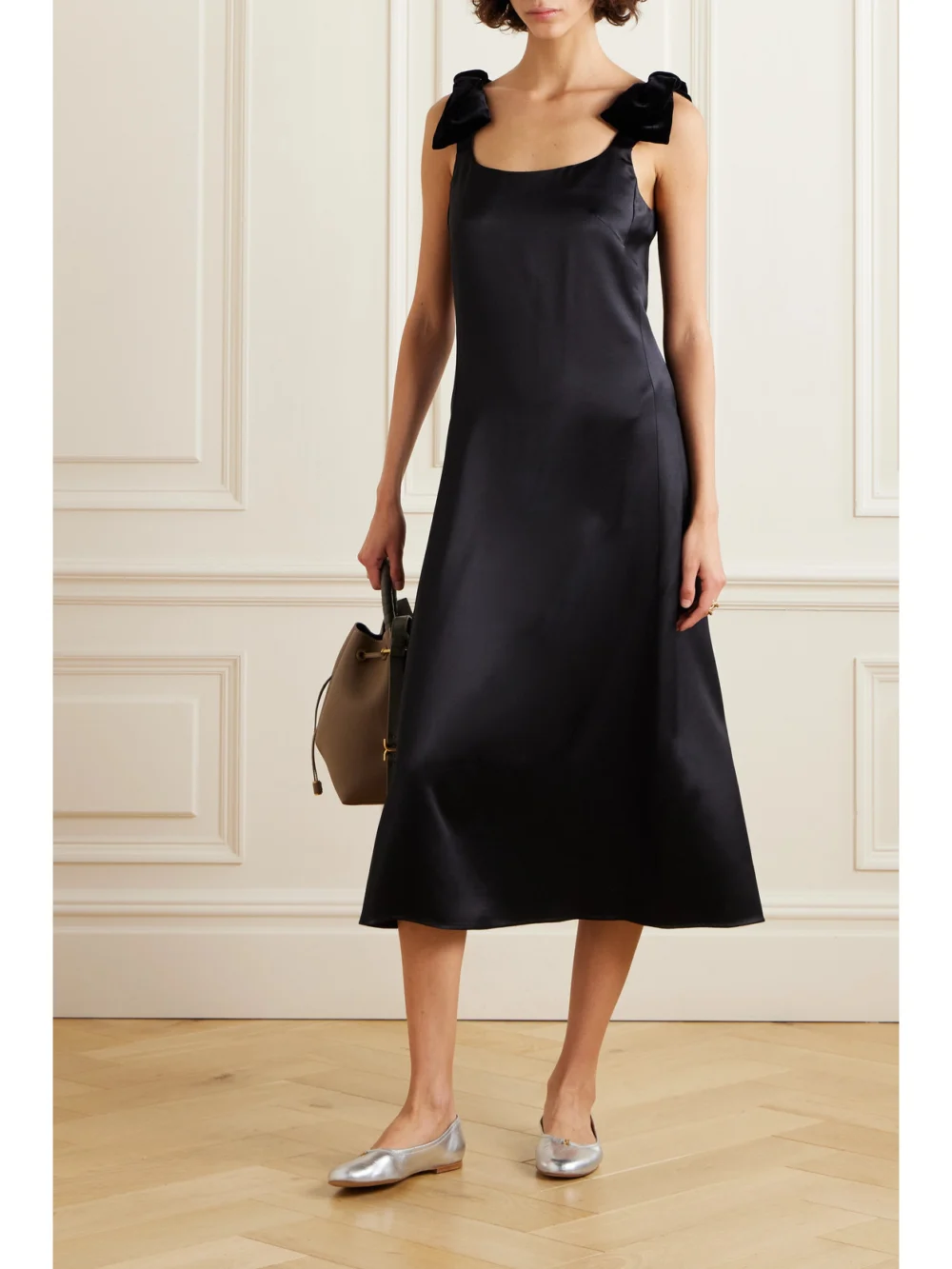 Chloé Bow-embellished Velvet-trimmed Wool and Silk-blend Satin Midi Dress, worn by a model