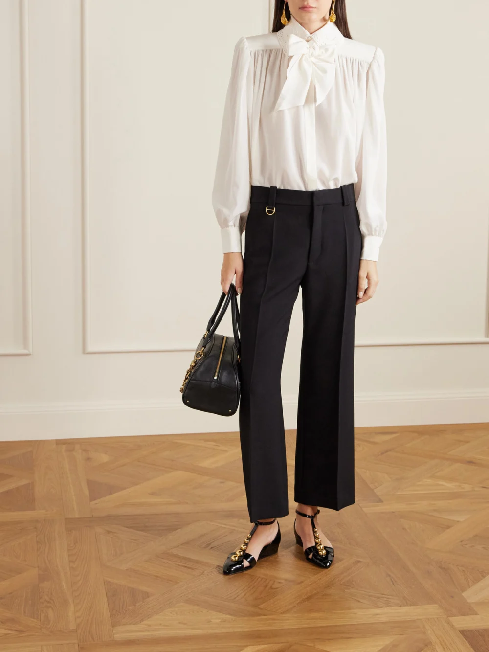 Chloé Cleia Studded Patent-leather Wedge Sandals, styled view