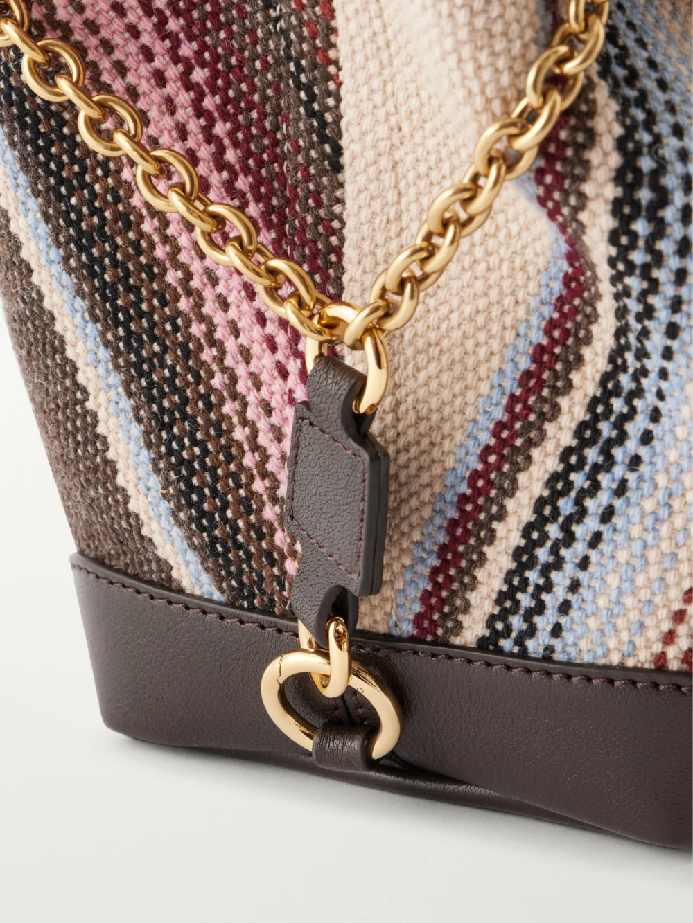 Close-up detail of the Chloé Clover Leather-trimmed Striped Tweed Tote
