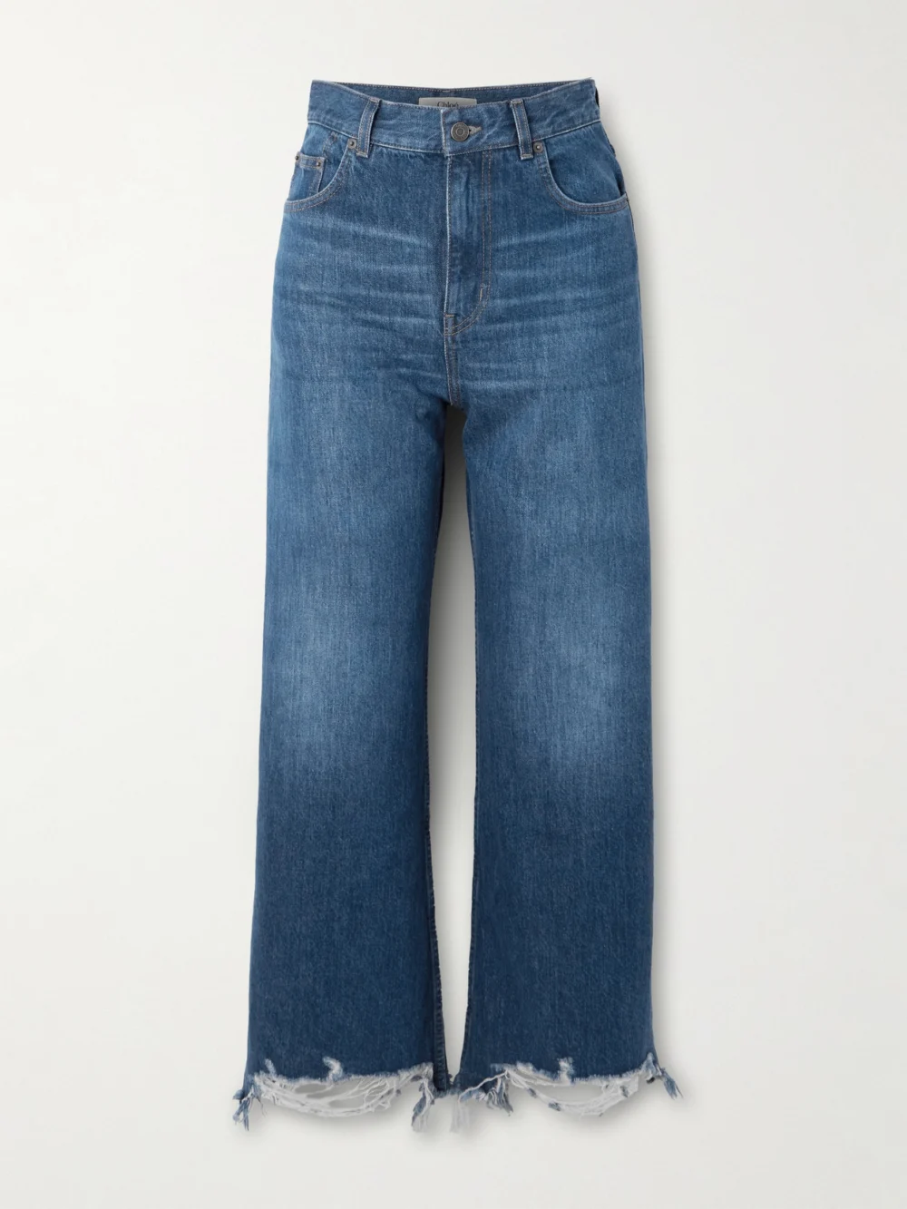 Chloé Cropped Distressed High-rise Wide-leg Jeans in dark denim