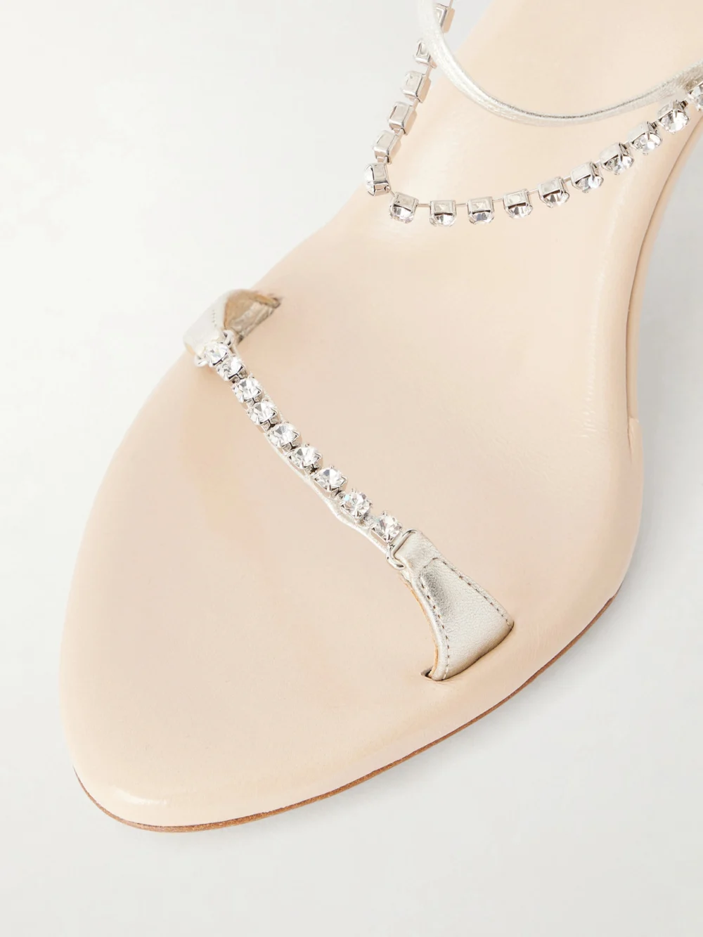 Close-up detail of the Chloé Crystal-embellished Metallic Leather Sandals