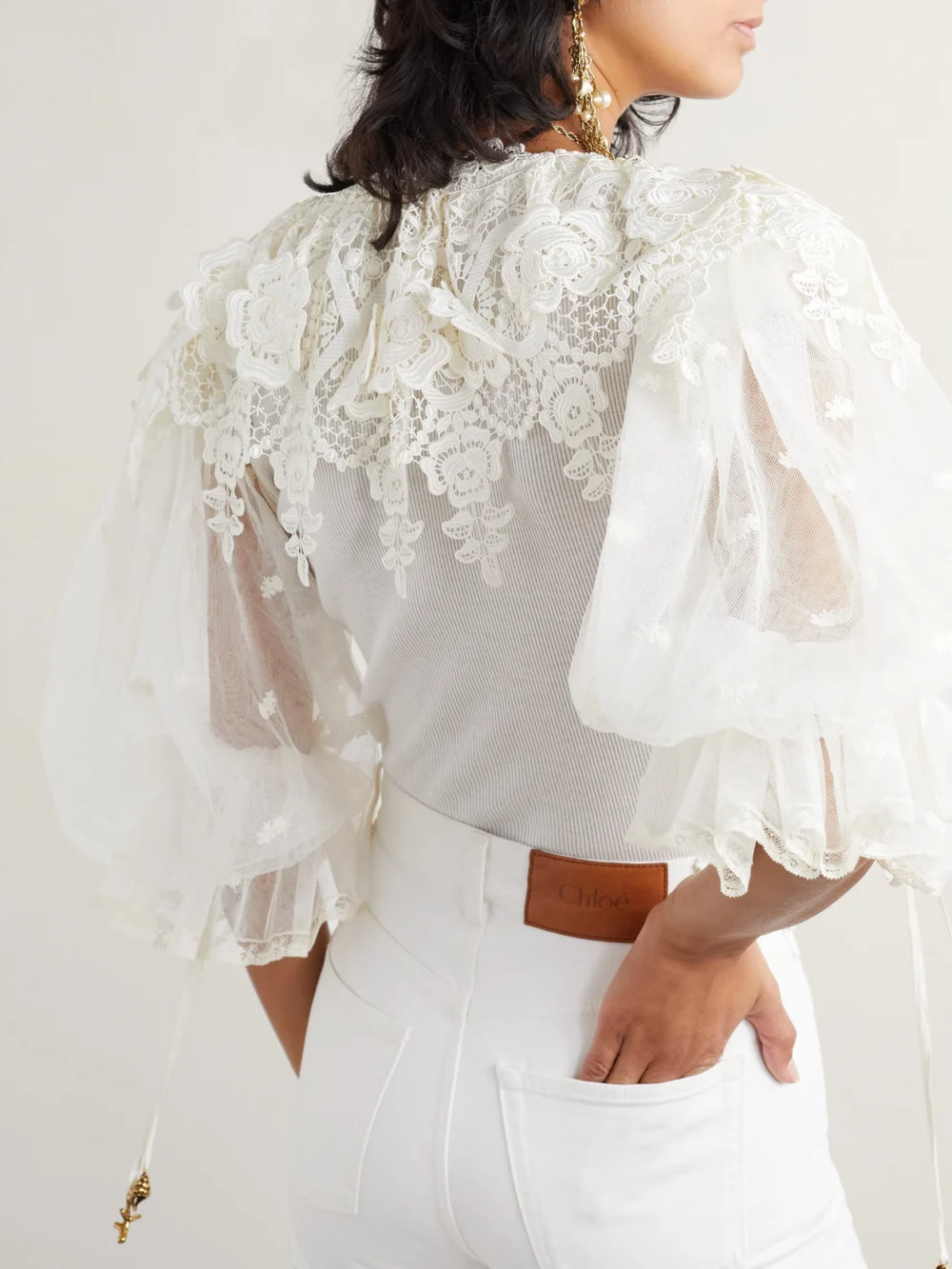 Back view of the Chloé Embellished Lace-trimmed Cotton Bodysuit