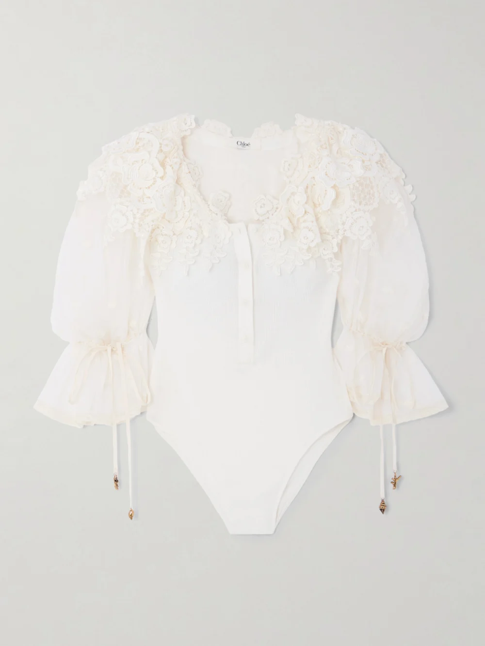 Chloé Embellished Lace-trimmed Cotton Bodysuit in white