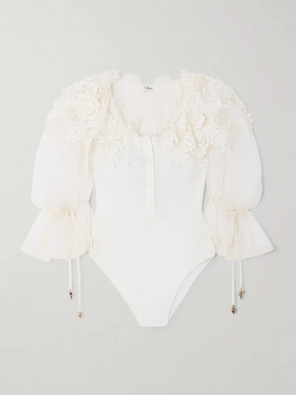 Chloé Embellished Lace-trimmed Cotton Bodysuit