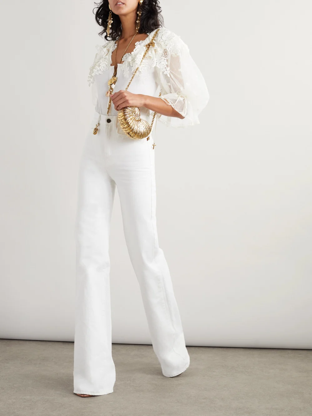 Chloé Embellished Lace-trimmed Cotton Bodysuit, worn by a model
