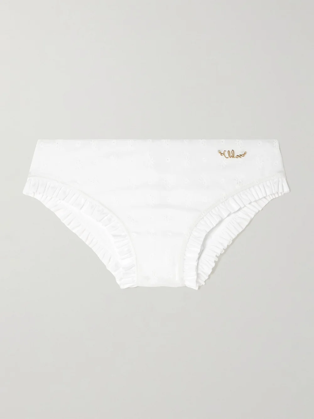 Chloé Embellished Ruffled Broderie Anglaise Bikini Briefs in white