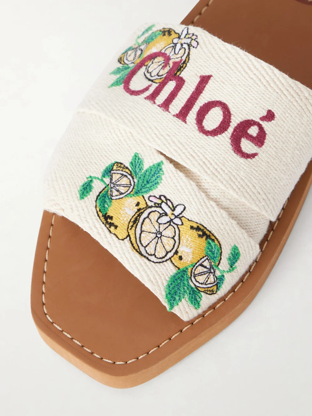 Close-up detail of the Chloé Embroidered Linen-trim Sandals
