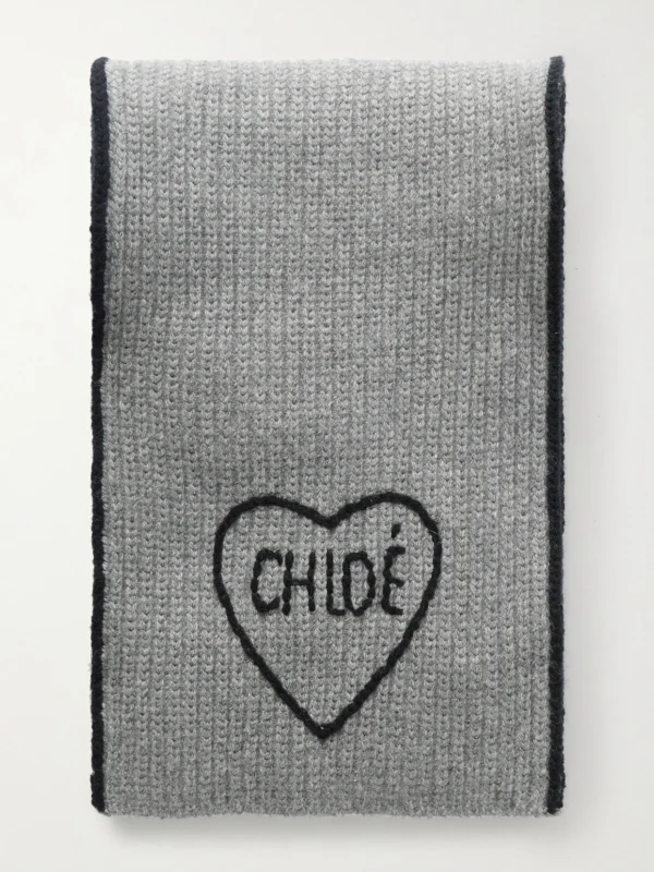 Chloé Embroidered Ribbed Wool and Cashmere-blend Scarf