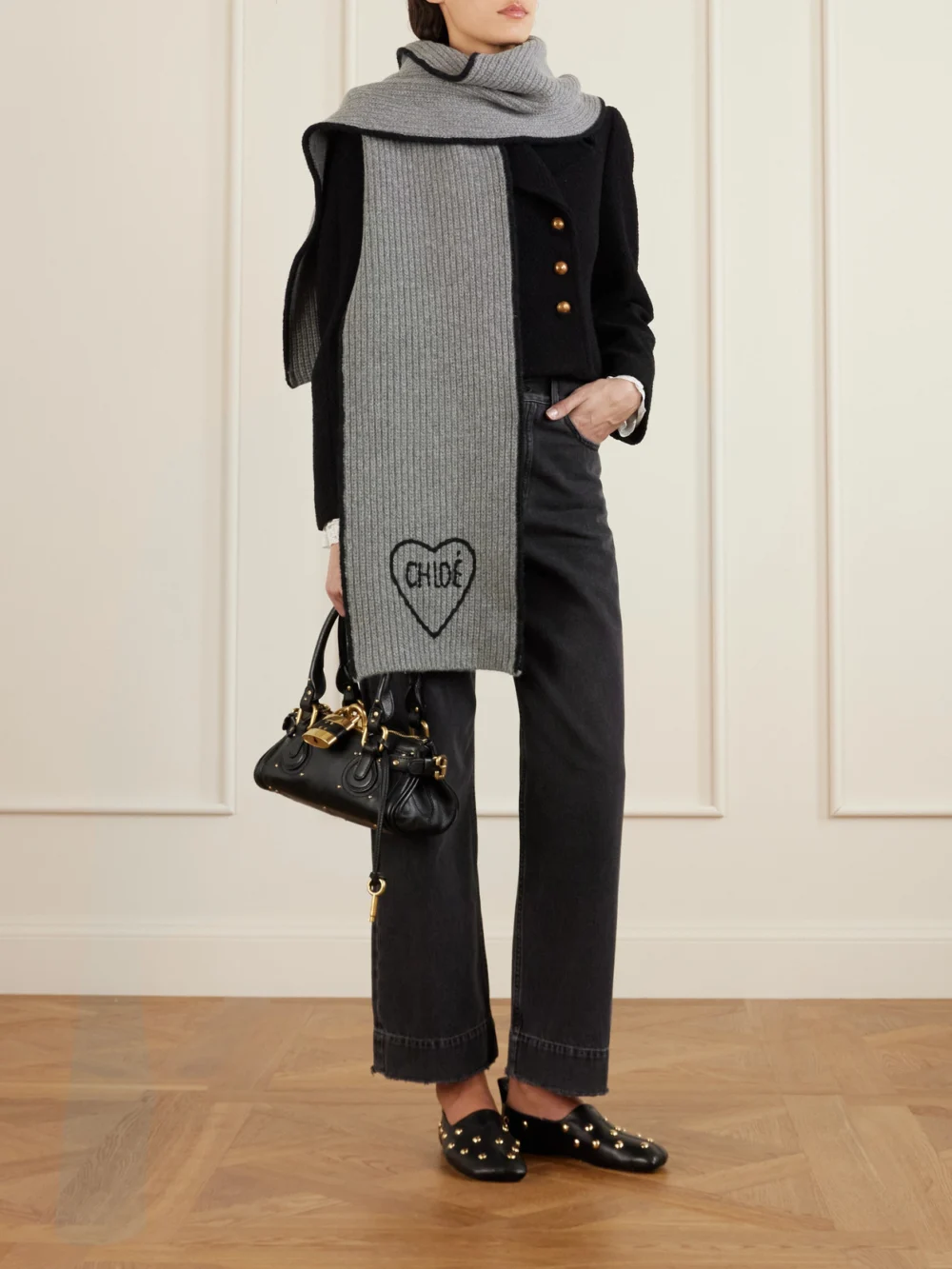 Chloé Embroidered Ribbed Wool and Cashmere-blend Scarf, styled view