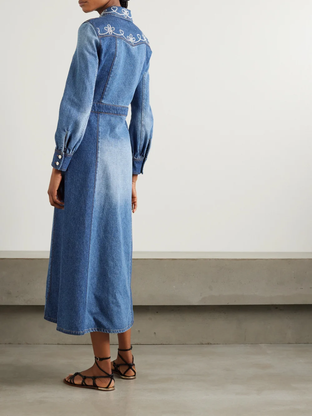 Back view of the Chloé Embroidered Two-tone Cotton and Hemp-blend Denim Midi Dress