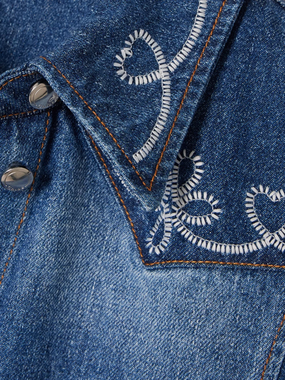 Close-up detail of the Chloé Embroidered Two-tone Cotton and Hemp-blend Denim Midi Dress