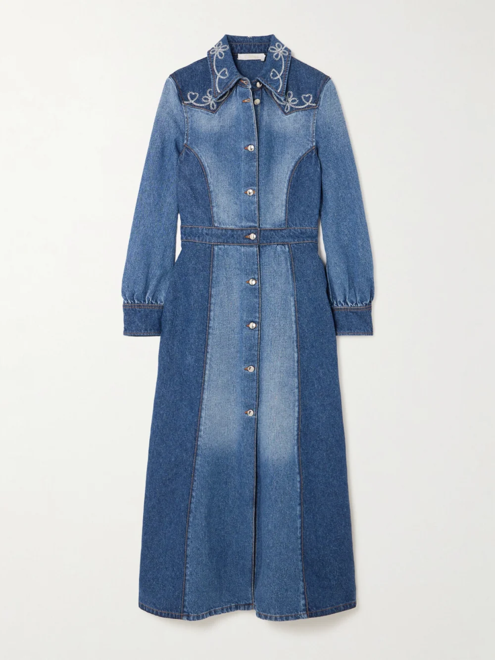 Chloé Embroidered Two-tone Cotton and Hemp-blend Denim Midi Dress in blue