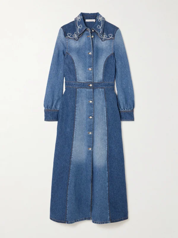 Chloé Embroidered Two-tone Cotton and Hemp-blend Denim Midi Dress