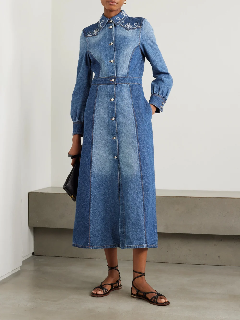Chloé Embroidered Two-tone Cotton and Hemp-blend Denim Midi Dress, worn by a model