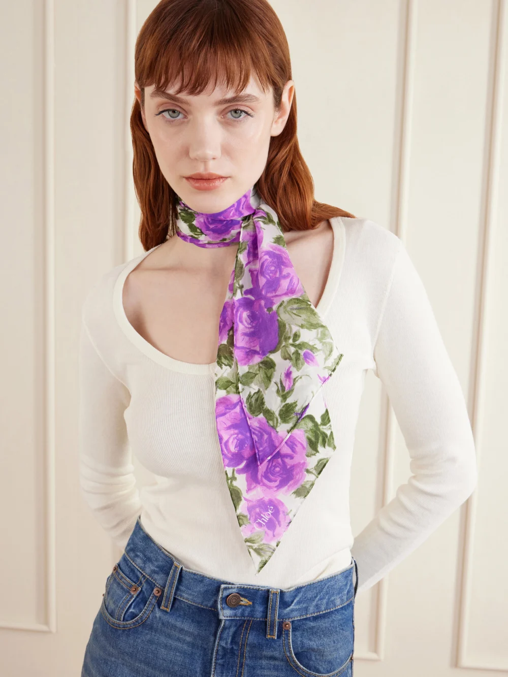 Chloé Floral-print Silk-georgette Scarf, styled view