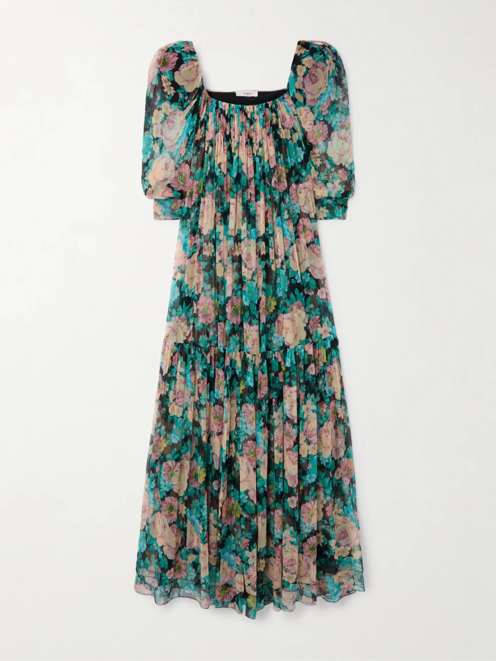 Chloé Gathered Floral-print Silk-muslin Maxi Dress in blue