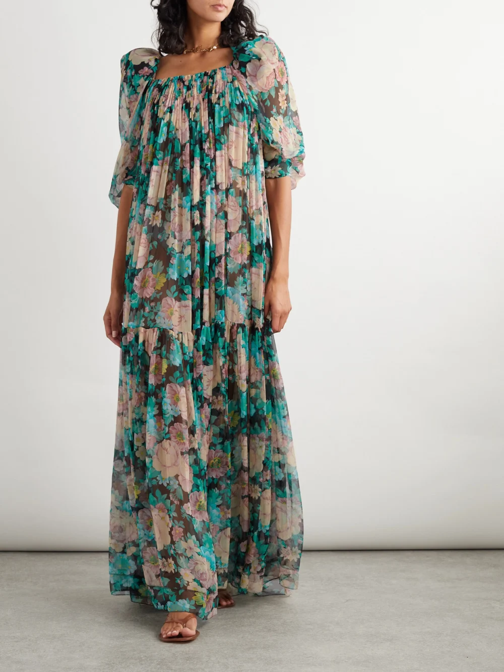 Chloé Gathered Floral-print Silk-muslin Maxi Dress, worn by a model