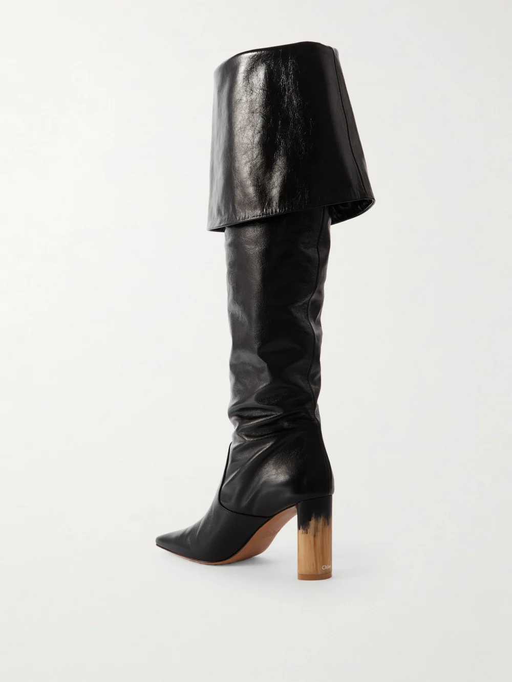 Back view of the Chloé Georgia Ruched Polished-leather Knee Boots