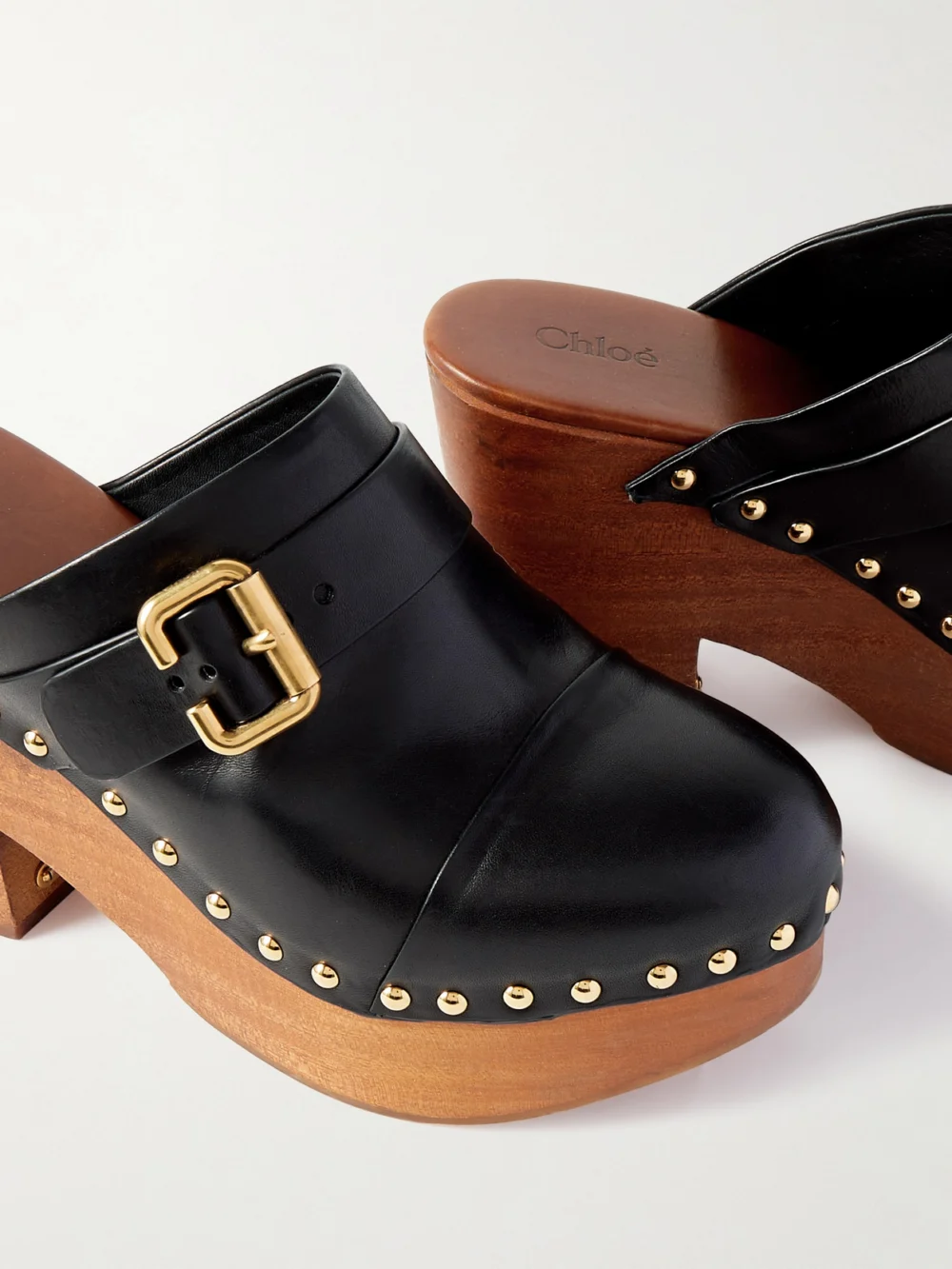 Close-up detail of the Chloé Jeanette Studded Platform Clogs