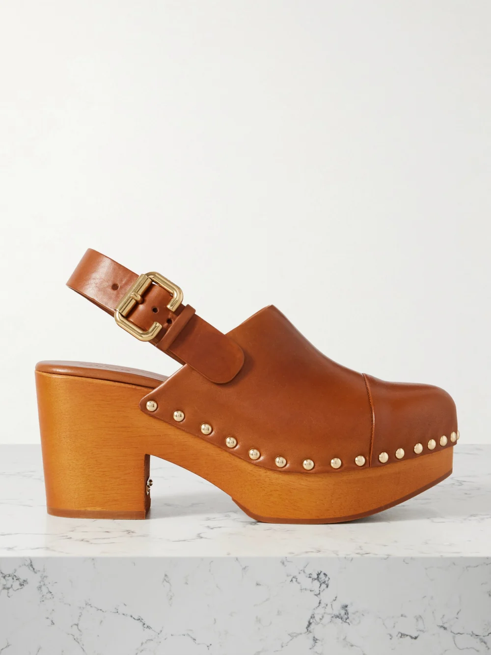 Chloé Jeannette Studded Leather Slingback Platform Clogs in tan