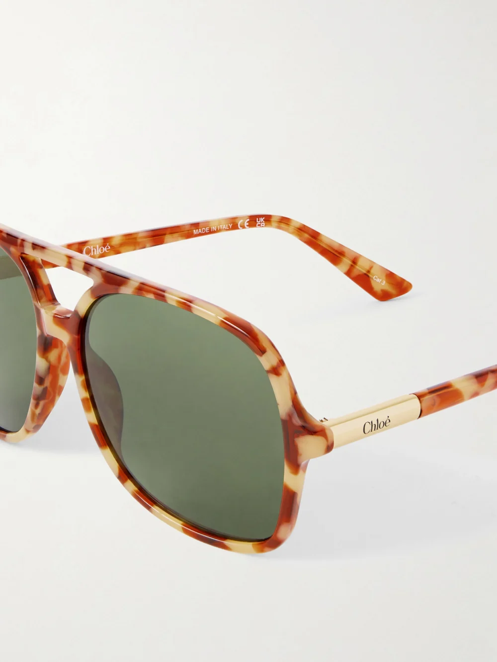 Close-up detail of the Chloé Judy Aviator-style Tortoiseshell Acetate and Gold-tone Sunglasses