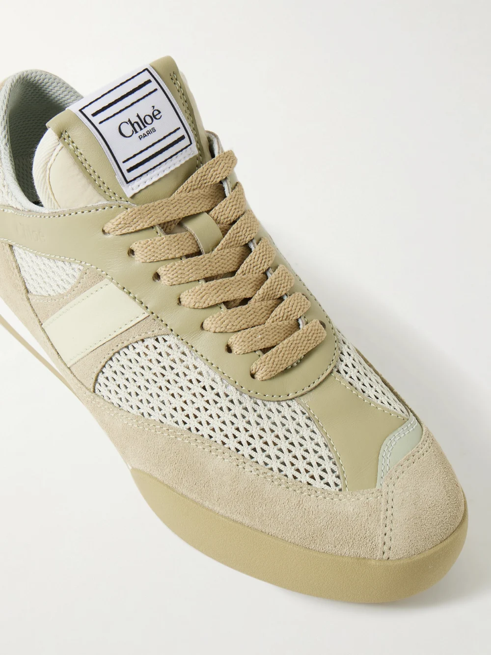 Close-up detail of the Chloé Kick Leather and Suede-trimmed Mesh Sneakers