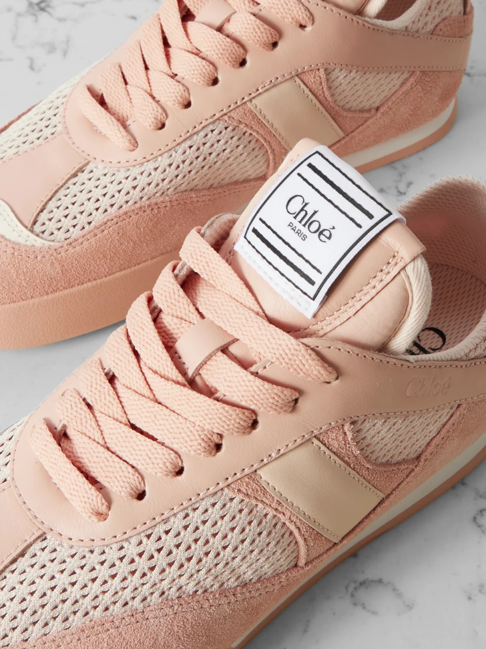 Close-up detail of the Chloé Kick Leather and Suede-trimmed Mesh Sneakers