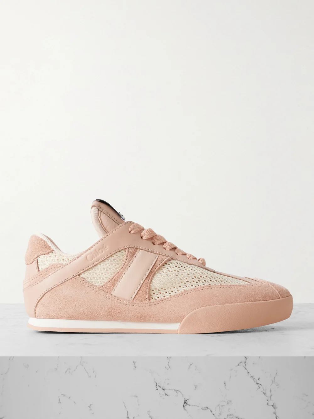 Chloé Kick Leather and Suede-trimmed Mesh Sneakers in peach