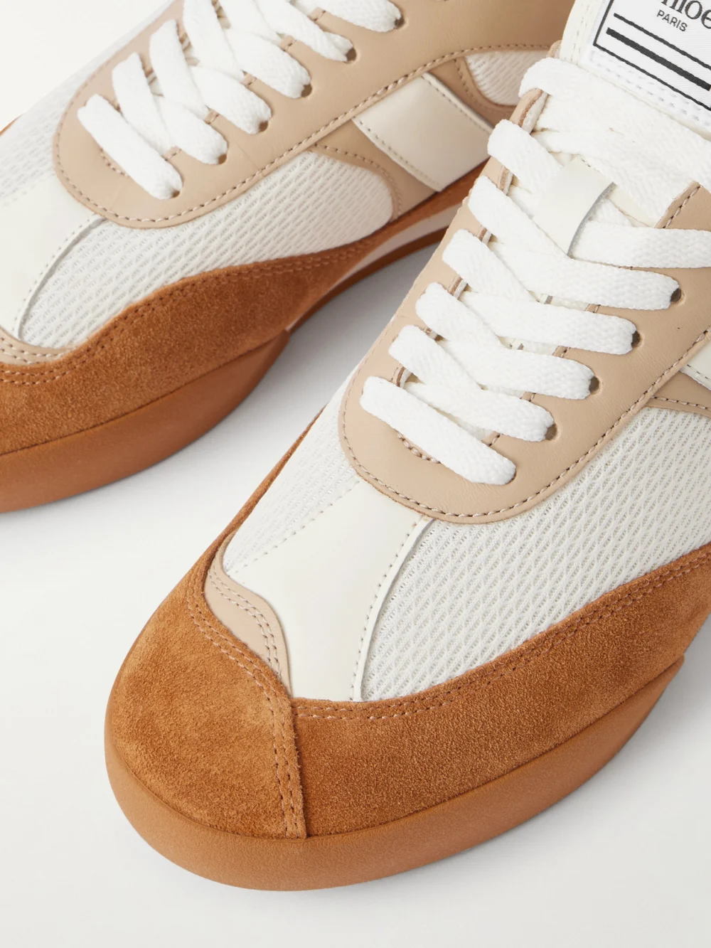 Close-up detail of the Chloé Kick Leather and Suede-trimmed Mesh Sneakers