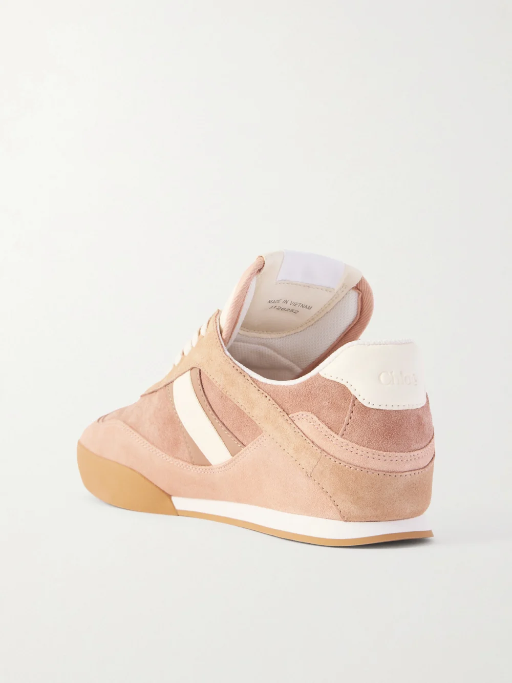 Back view of the Chloé Kick Paneled Leather-trimmed Suede Sneakers