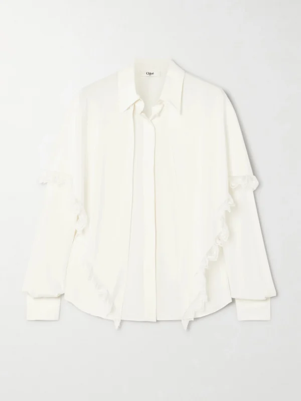 Chloé Lace-trimmed Draped Layered Silk-crepe De Chine Shirt