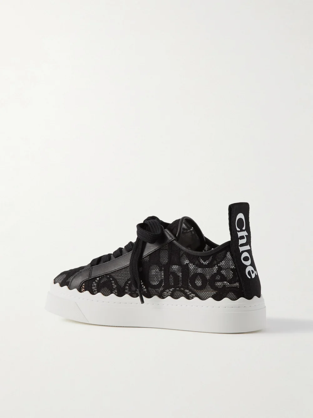 Back view of the Chloé Lauren Scalloped Logo-detailed Lace and Leather Sneakers