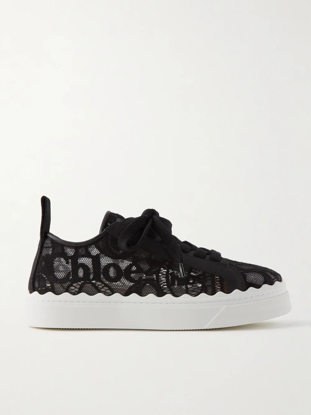 Chloé Lauren Scalloped Logo-detailed Lace and Leather Sneakers in black