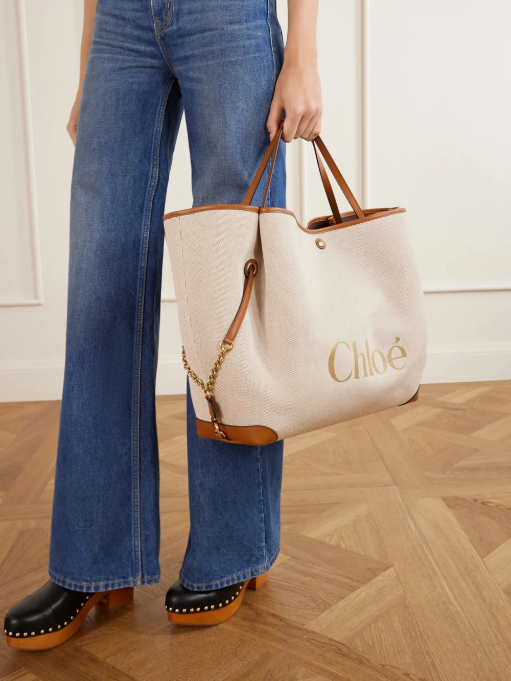 Chloé Leather-trimmed Canvas Tote Bag, styled view