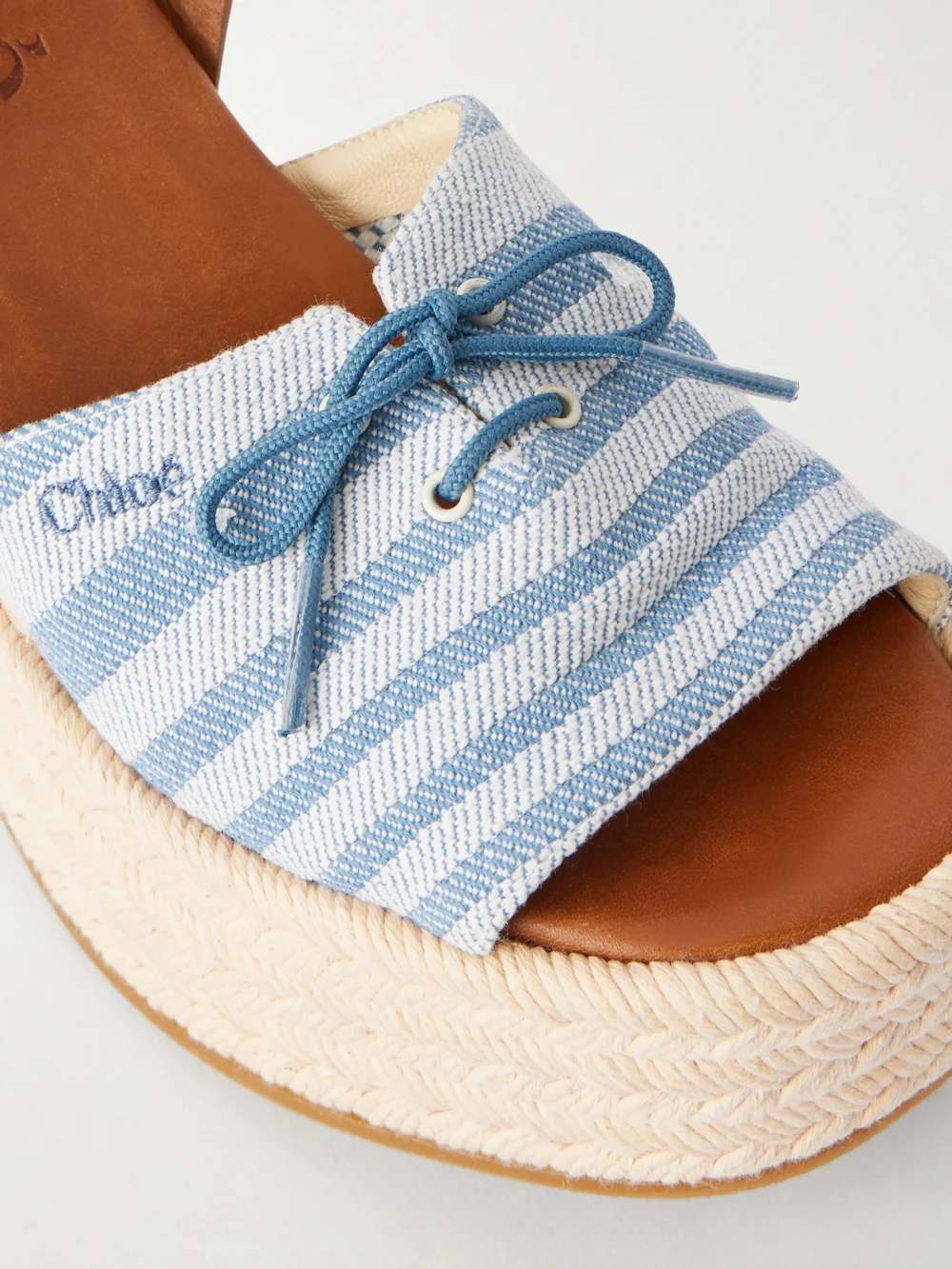 Close-up detail of the Chloé Leather-trimmed Striped Canvas Platform Sandals