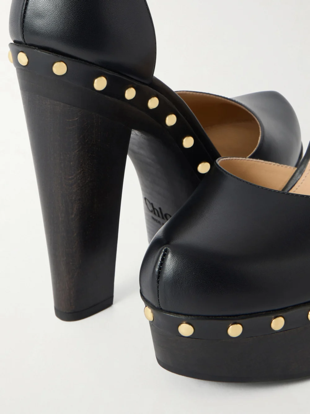 Close-up detail of the Chloé Lola Studded Leather Platform Pumps
