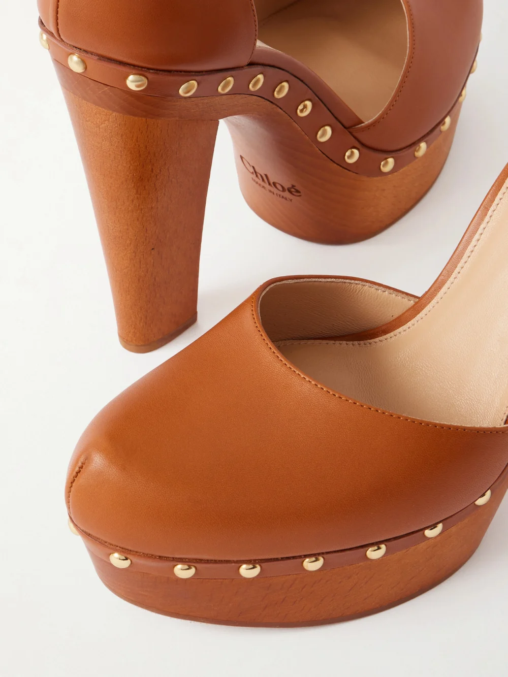 Close-up detail of the Chloé Lola Studded Leather Platform Pumps