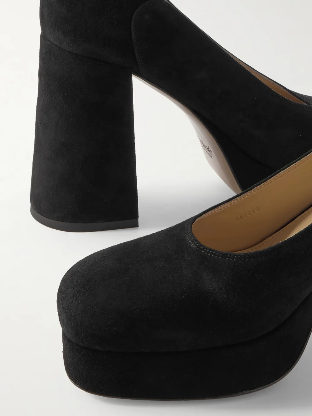 Close-up detail of the Chloé Loti Suede Pumps
