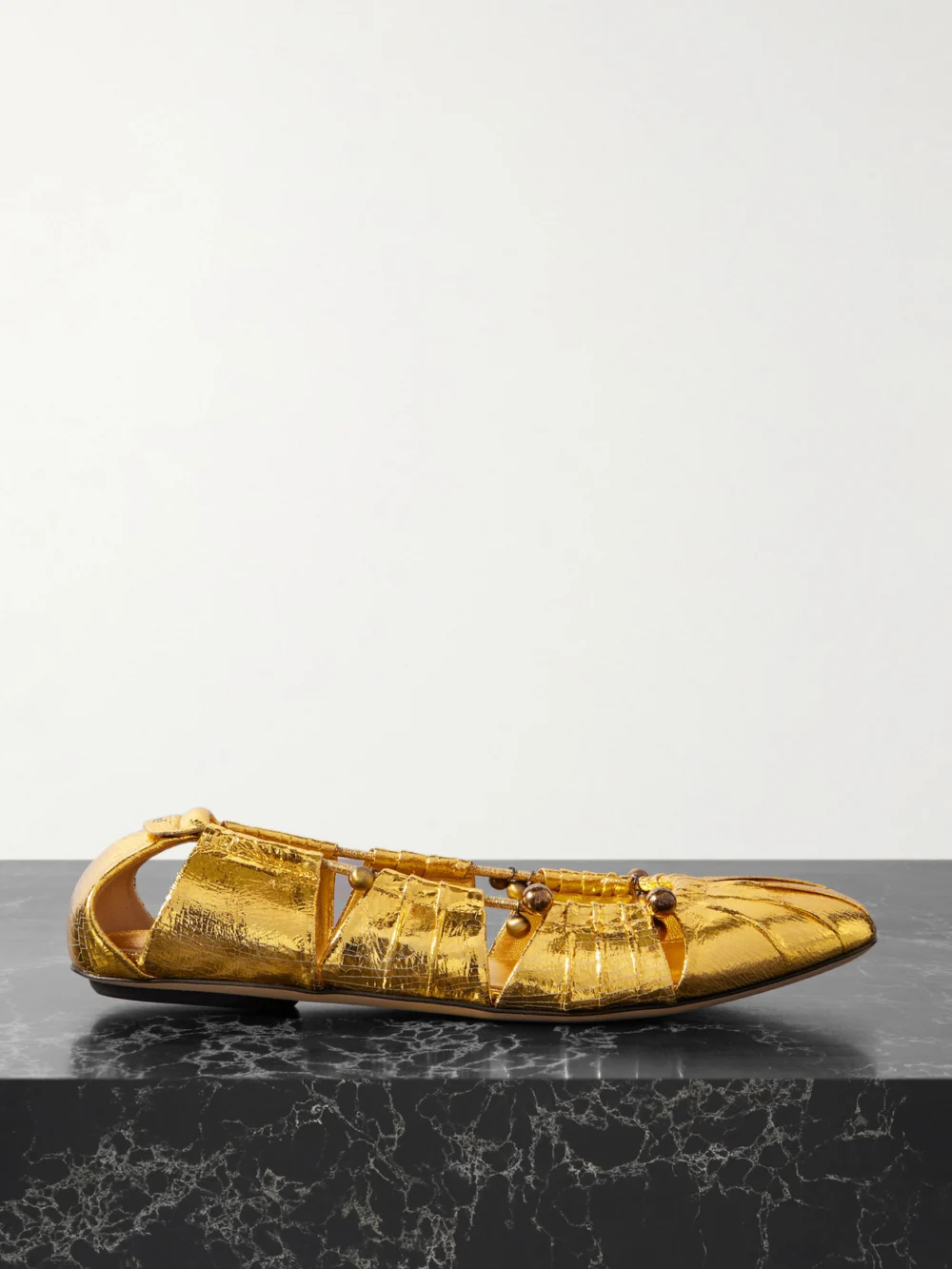 Chloé Luna Cutout Embellished Gathered Metallic Leather Ballet Flats in gold