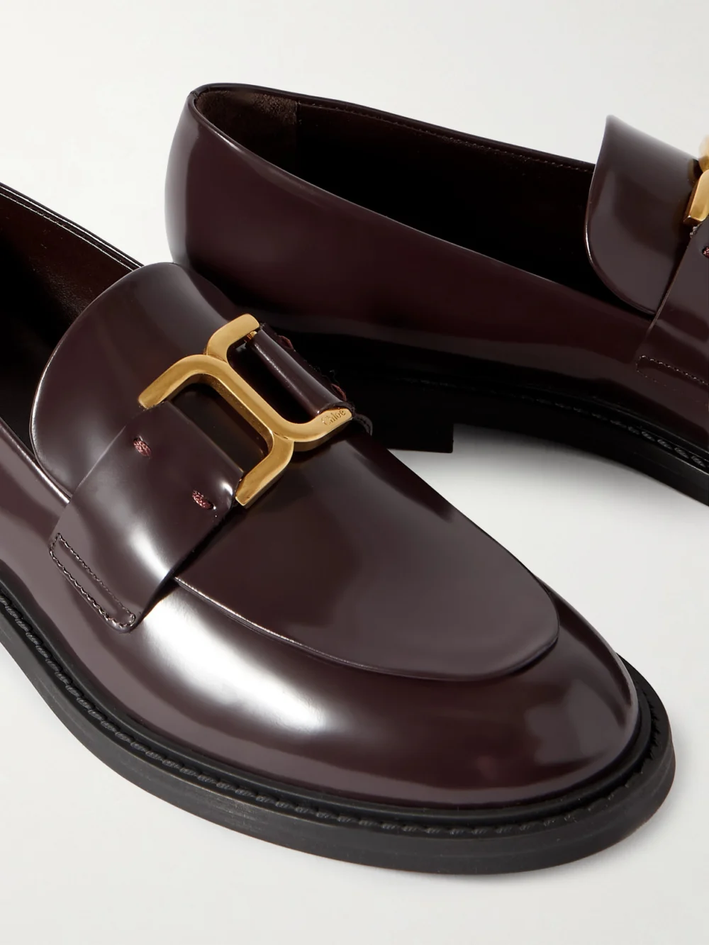 Close-up detail of the Chloé Marcie Embellished Leather Loafers