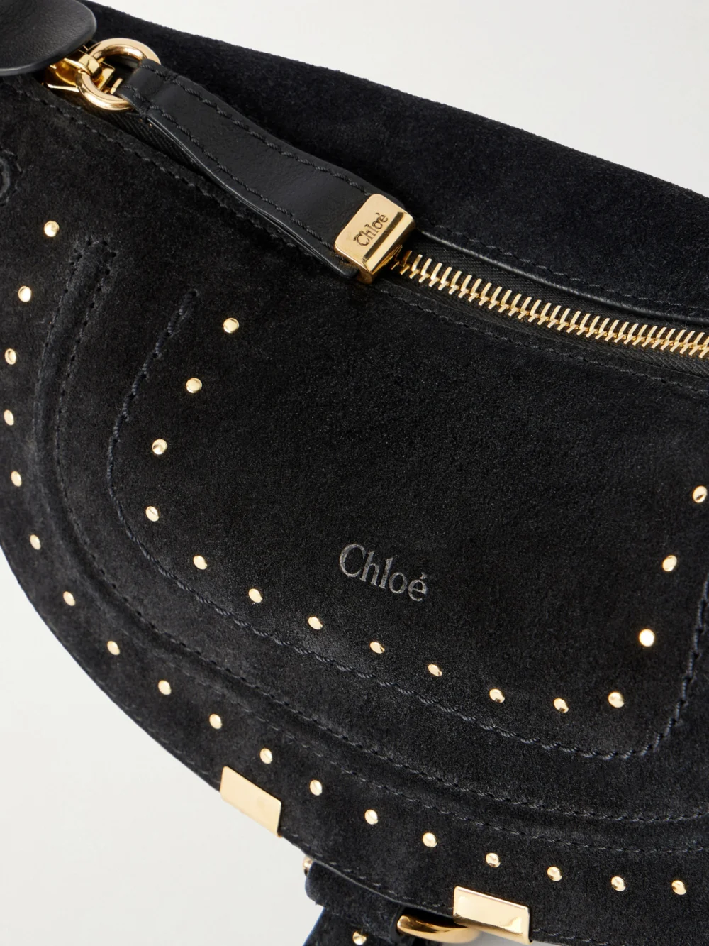 Close-up detail of the Chloé Marcie Mini Studded Suede Tote