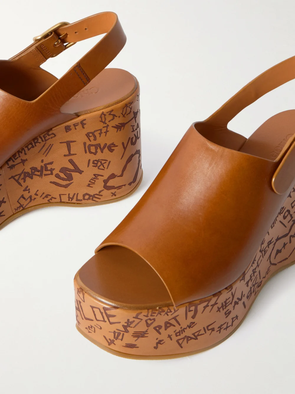 Close-up detail of the Chloé Maxime Leather Platform Wedge Sandals