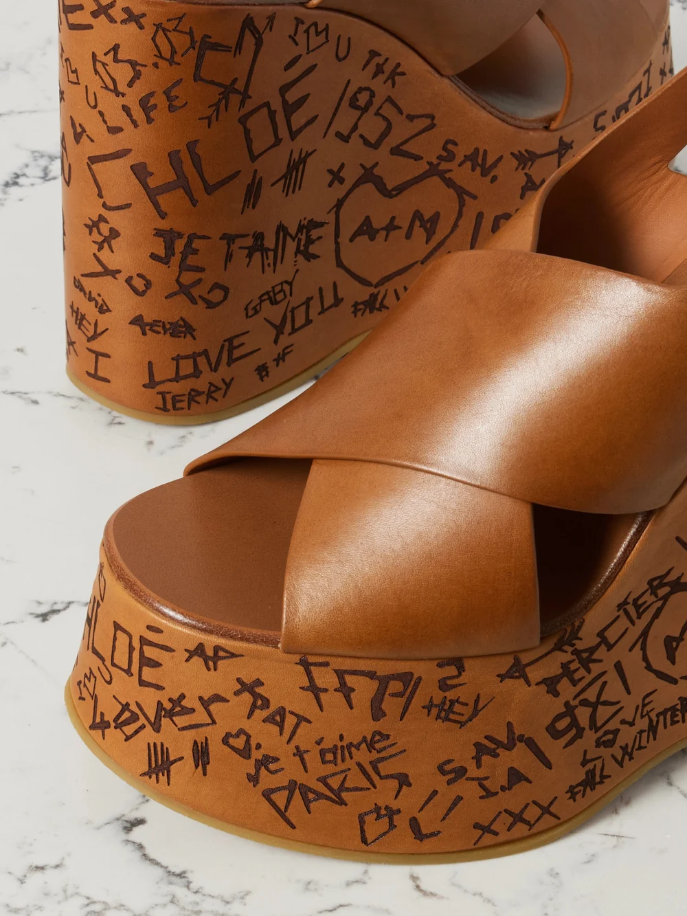 Close-up detail of the Chloé Maxime Leather Platform Wedge Sandals