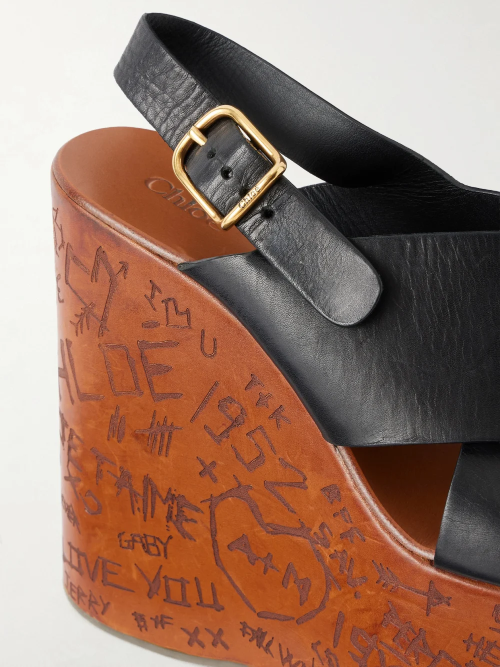 Close-up detail of the Chloé Maxime Leather Slingback Platform Wedge Sandals