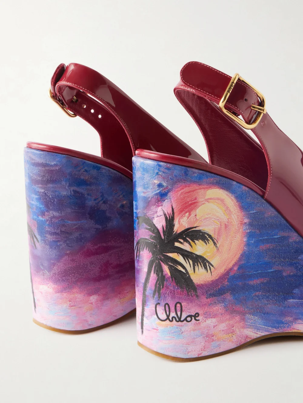 Close-up detail of the Chloé Maxime Patent-leather Platform Slingback Sandals