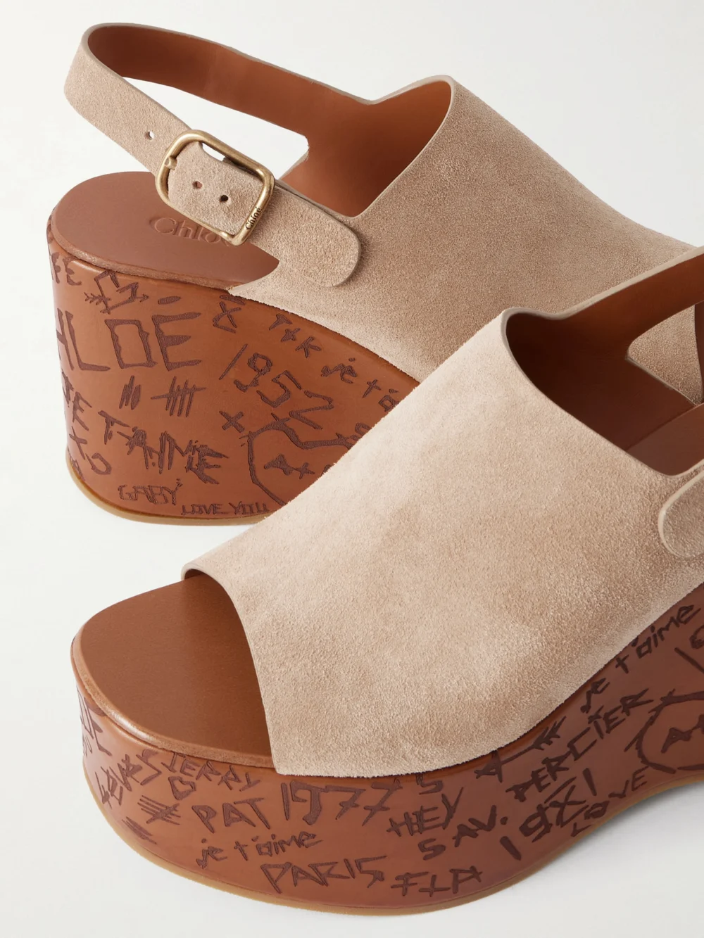 Close-up detail of the Chloé Maxime Suede Platform Wedge Sandals