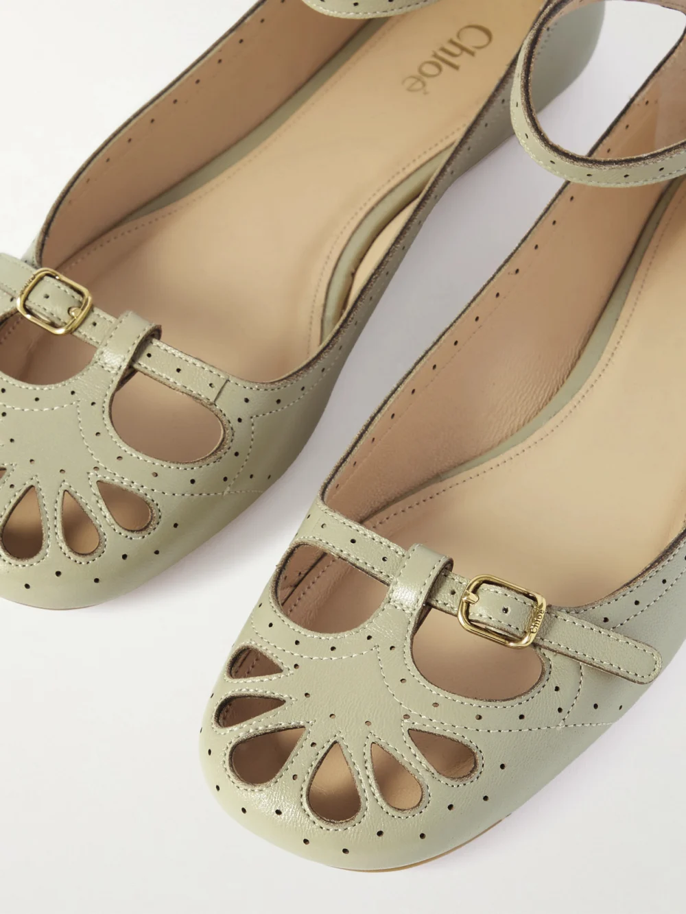 Close-up detail of the Chloé Misty Laser-cut Leather Ballet Flats