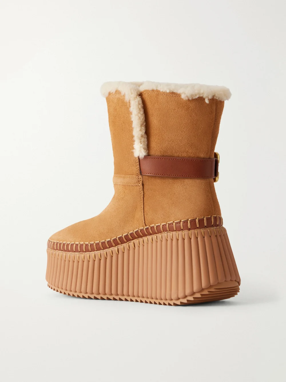 Back view of the Chloé Nama 14 Shearling-trimmed Suede Wedge Ankle Boots