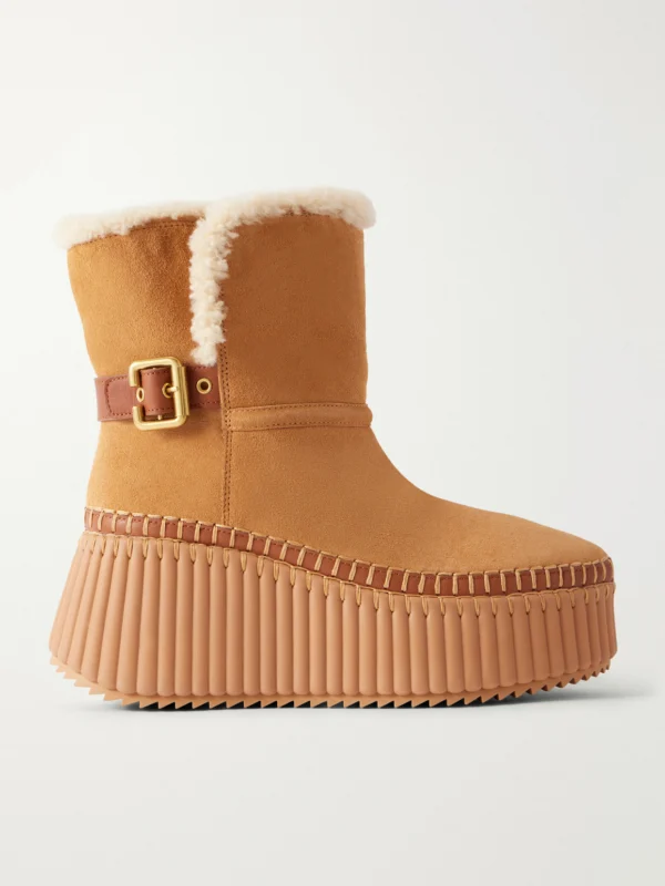 Chloé Nama 14 Shearling-trimmed Suede Wedge Ankle Boots